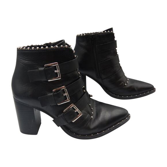 Steve Madden Humble Leather Studded Buckled Block Heeled Ankle Boots Black Sz 7 - Picture 1 of 9